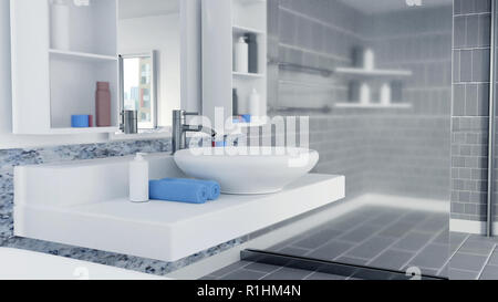 3D-gerenderte Bad Interior Design mit blauer Bettwäsche Stockfoto