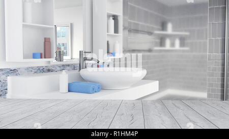 Badezimmer Interior Design mit blauen Handtücher und Leer Holzboden Stockfoto