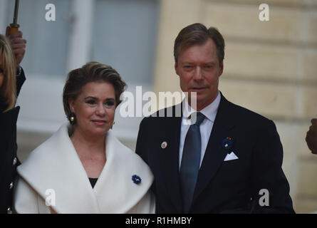 November 11, 2018 - Paris, Frankreich: Großherzog Henri von Luxemburg und seiner Frau Maria Teresa Mestre kommen im Elysee Palast der Armistice Day Gedenken zu verbinden. Plus de 60 Chefs d'Etat et de gouvernement et dirigeants de Grandes Institutionen internationales ont fait le deplacement ein Paris assister à la Gedenken du centieme Anniversaire de l'Armistice du 11 Novembre 1918 gießen. *** Frankreich/KEINE VERKÄUFE IN DEN FRANZÖSISCHEN MEDIEN *** Stockfoto