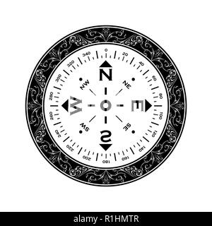 Schwarzer umriss Windrose Silhouette mit floralen Muster auf weißem Hintergrund Stock Vektor