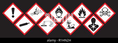 Gefahrensymbol GHS-Symbol gesetzt. Physikalische Gefahren, explosiven, brennbaren Oxidierend, Verdichtetes Gas, giftig, ätzend, gesundheitsschädlich, Gesundheit und Umwelt Stock Vektor