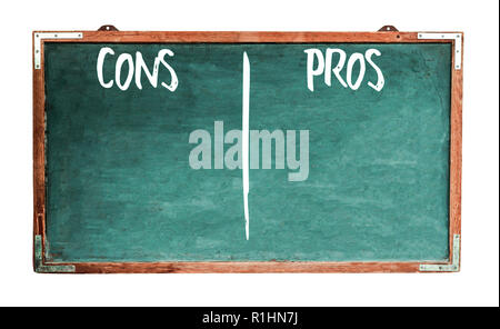 Vor- und Nachteile text Wörter in Weiß auf breiten grünen alten Grunge Vintage Retro Holz Tafel Tafel mit Rahmen auf weißem Hintergrund geschrieben. Stockfoto