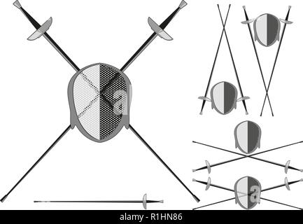 Gekreuzte Säbel und Fechten Maske in verschiedenen Variationen auf weißem Hintergrund Stock Vektor