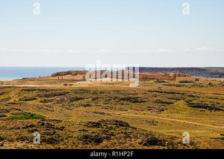 Blick auf Sumhuram (der kleine befestigte Stadt"), ein nach Süden 1001 archäologische Stätte in der Nähe von Taqah. Die dhofar Region von Oman. Stockfoto