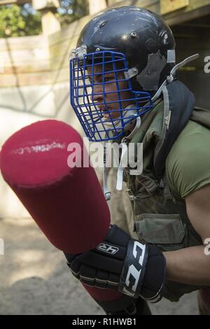 Ein Rekrut mit Lima Company, 3 Recruit Training Bataillon wartet im pugil hängt während der tiegel bei Marine Corps Recruit Depot Parris Island, S.C., Sept. 20, 2018. Körper Sparring und pugil Sticks kraft Rekruten die Grundlagen des Marine Corps Kampfsportarten anwenden Stockfoto