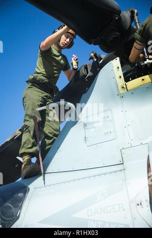 Us Marine Pfc. Gregory Gongre, Hubschrauber Flugzeug Mechaniker, Marine Light Attack Helicopter Squadron 267, Marine Flugzeuge Gruppe 39 (MAG-39), 3. Marine Flugzeugflügel, Reparaturen eine Bell AH-1Z Viper Kampfhubschrauber des Marine Corps Air Station Camp Pendleton, Kalifornien, Sept. 21, 2018. Das MAG-39 Mission ist Hubschrauber zu unterstützen, Fire Support Koordination, Luftaufklärung und freuen uns Air Control in Luft und Boden escort Operationen. Stockfoto