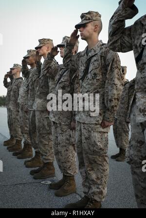 Rekrutieren James McConnell, mit Lima Company, 3 Recruit Training Bataillon, erhält er den Adler, Globus und Anker nach Abschluss der Tiegel, auf Marine Corps Recruit Depot Parris Island, S.C., Sept. 22, 2018. Der Tiegel ist ein 54-Stunden Höhepunkt, die Rekruten zu arbeiten als Team die Herausforderungen der Titel des United States Marine zu erwerben, zu überwinden. Stockfoto
