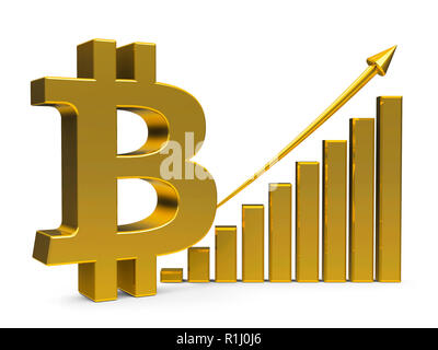 Gold Business graph mit dem Pfeil oben und bitcoin Zeichen stellt das Wachstum der bitcoin Rate, dreidimensionale Rendering, 3D-Darstellung Stockfoto