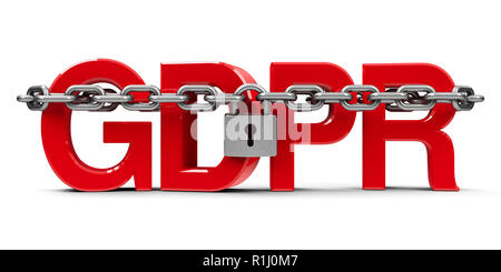 Rotes Wort BIPR - Allgemeine Datenschutzverordnung - mit Kette und Schloss, auf weißem Hintergrund, 3D-Rendering, 3D-Darstellung Stockfoto