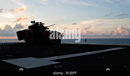 SOUTH CHINA SEA (Sept. 24, 2018) - Marines, zugeordnet zu den 31 Marine Expeditionary Unit (MEU), bereiten Sie ein Licht des gepanzerten Fahrzeug M242 Bushmaster 25mm Chain Gun zu Brand während Schießwesen Ausbildung auf dem Flugdeck der Amphibisches Schiff USS Wasp (LHD1). Wasp, Flaggschiff der Wasp amphibischen bereit, Gruppe, mit Eingeschifft 31 MEU, arbeitet in der indopazifischen Region Interoperabilität mit Partnern zu verbessern und dienen als ready-Response Force für jede Art von Kontingenz. Stockfoto