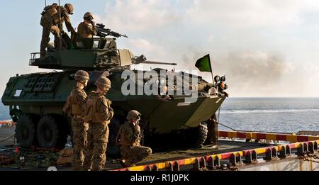 SOUTH CHINA SEA (Sept. 24, 2018) - Marines, bis 31 Marine Expeditionary Unit (MEU), Feuer ein Licht der gepanzerten Fahrzeug M242 Bushmaster 25mm Chain Gun zugewiesen Während schießwesen Ausbildung auf dem Flugdeck der Amphibisches Schiff USS Wasp (LHD1). Wasp, Flaggschiff der Wasp amphibischen bereit, Gruppe, mit Eingeschifft 31 MEU, arbeitet in der indopazifischen Region Interoperabilität mit Partnern zu verbessern und dienen als ready-Response Force für jede Art von Kontingenz. Stockfoto