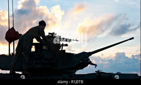 Us-Marines zugeordnet. bis 31 Marine Expeditionary Unit (MEU) bereiten Feuer ein Licht der gepanzerten Fahrzeug M242 Bushmaster 25mm Chain Gun auf dem Flugdeck der Amphibisches Schiff USS Wasp (LHD 1) im Südchinesischen Meer, Sept. 24, 2018. Die Wespe, dem Flaggschiff der Wasp amphibischen bereit, Gruppe, mit Eingeschifft 31 MEU, arbeitet in der indopazifischen Region Interoperabilität mit Partnern zu verbessern und dienen als ready-Response Force für jede Art von Kontingenz. Stockfoto