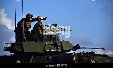 SOUTH CHINA SEA (Sept. 24, 2018) - Sgt. Samuel Helmuth unterstützt Gunnery Sgt. Bruce Richard, zugeordnet zu den 31 Marine Expeditionary Unit (MEU), im Feuern ein Licht des gepanzerten Fahrzeug M242 Bushmaster 25mm Chain Gun während Schießwesen Ausbildung auf dem Flugdeck der Amphibisches Schiff USS Wasp (LHD1). Wasp, Flaggschiff der Wasp amphibischen bereit, Gruppe, mit Eingeschifft 31 MEU, arbeitet in der indopazifischen Region Interoperabilität mit Partnern zu verbessern und dienen als ready-Response Force für jede Art von Kontingenz. Stockfoto