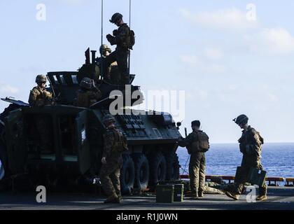 SOUTH CHINA SEA (Sept. 24, 2018) - Marines, bis 31 Marine Expeditionary Unit (MEU), 2.BATAILLON zugeordnet, 5 Marines, bereiten Sie ein Licht des gepanzerten Fahrzeug M242 Bushmaster 25mm Chain Gun zu Brand während Schießwesen Ausbildung auf dem Flugdeck der Amphibisches Schiff USS Wasp (LHD1). Wasp, Flaggschiff der Wasp amphibischen bereit, Gruppe, mit Eingeschifft 31 MEU, arbeitet in der indopazifischen Region Interoperabilität mit Partnern zu verbessern und dienen als ready-Response Force für jede Art von Kontingenz. Stockfoto