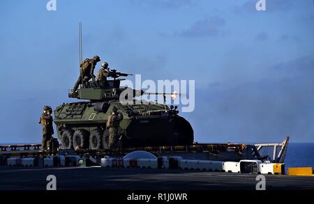 SOUTH CHINA SEA (Sept. 24, 2018) - Marines, bis 31 Marine Expeditionary Unit (MEU), Feuer ein Licht der gepanzerten Fahrzeug M242 Bushmaster 25mm Chain Gun zugewiesen Während schießwesen Ausbildung auf dem Flugdeck der Amphibisches Schiff USS Wasp (LHD1). Wasp, Flaggschiff der Wasp amphibischen bereit, Gruppe, mit Eingeschifft 31 MEU, arbeitet in der indopazifischen Region Interoperabilität mit Partnern zu verbessern und dienen als ready-Response Force für jede Art von Kontingenz. Stockfoto