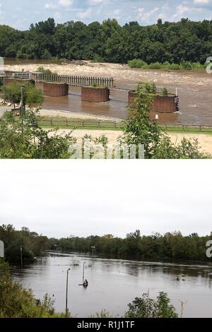 Mehr als eine Woche vergangen ist und die Cape Fear River ist nur eine von mehreren wichtigen Flüsse, Verschütten über seine Ufer in Nord-carolina nach Hurrikan Florence Landfall gemacht. Die US-Armee Korps der Ingenieure Wilmington Bezirk Monitore 3 Schlösser und Staudämmen am Fluss nördlich von Wilmington. Sperren und Dam 1 Projekt ist vollständig mit Wasser bedeckt. Das Projekt wurde ursprünglich 1915 gebaut und im Jahr 1934 geändert, um den Aufzug von drei Fuß auf insgesamt elf Meter erhöhen. Die Sperre ist 40 Fuß von 200 Fuß. Die Schleusen und Dämmen selten die großen Schiffe durch sondern helfen Protec Stockfoto