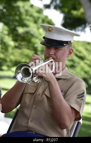 Ein Mitglied aus dem Marine Corps Forces Pacific Band spielt Musik während der Nationalen POW/MIA Anerkennung Tag Zeremonie durch die Verteidigung POW/MIA Accounting Agentur an der Nationalen Gedenkstätte Friedhof der Pazifik, Honolulu, Hawaii, Sept. 21, 2018 gehostet wird. Dieser Tag war im Jahr 1979 durch eine Proklamation von Präsident Jimmy Carter eingerichtet, die in Beachtung zu ehren, und die Opfer jener Amerikaner, die Kriegsgefangenen wurden erkannt und die Nation derer, die immer noch in Aktion fehlen zu erinnern. Die Veranstaltung wird jedes Jahr am dritten Freitag im September zu Ehren von jenen, die pri Stockfoto