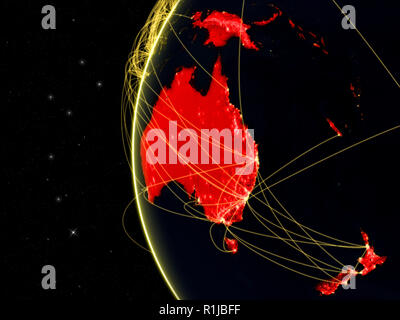 Australien auf dunkle Erde mit Netzwerk, Telekommunikation, Internet oder interkontinentale Luft Verkehr. 3D-Darstellung. Elemente dieser imag Stockfoto