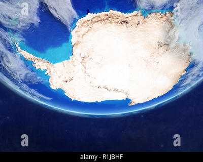 Antarktis vom Platz auf Modell des Planeten Erde mit Ländergrenzen. Extrem feine Details der Planeten und Wolken. 3D-Darstellung. Elemente der Stockfoto