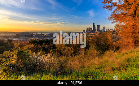 Seattle Downtown Skyline bei Sonnenuntergang im Herbst mit gelbem Laub im Vordergrund Blick von Dr. Jose Rizal Park Stockfoto