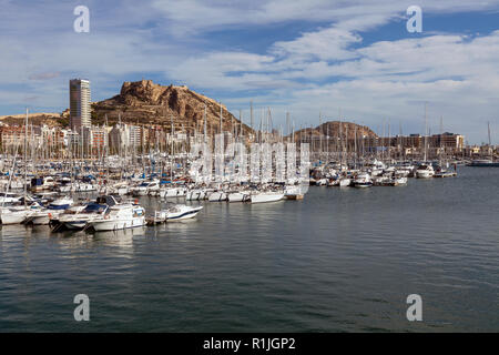 Jachthafen von Alicante und der Burg Santa Bárbara Stockfoto