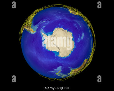 Antarktis vom Platz auf der Erde mit Linien, internationale Kommunikation, Reisen, Verbindungen. 3D-Darstellung. Elemente dieses Bild und Stockfoto