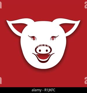 Schwein Symbol. Weiße Schwein Kopf auf roten Hintergrund. Einfache Zeichnung Stock Vektor