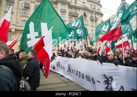 Jährliche März der Unabhängigkeit im Jahr 2011 die von der extremen Rechten nationalen radikalen Lager (ONR) und der Allpolnischen Jugend (Mlodziez Wszechpolska) Po feiern Stockfoto