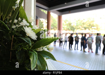 Hongkong, China. 12 Nov, 2018. Leser warten Beileid außerhalb der Jin Yong Galerie der Hong Kong Heritage Museum in Hong Kong, South China, Nov. 12, 2018 zu bieten. Jin Yong, dessen realer Name Zha Liangyong (auch als Louis Cha bekannt) wird allgemein als der einflussreichste Wuxia (Martial Arts und Ritterlichkeit) Schriftsteller des 20. Jahrhunderts. Er starb im Alter von 94 am 30. Sein Begräbnis war am 07.11.12 an der Hong Kong Beerdigung zu Hause statt. Credit: Wu Xiaochu/Xinhua/Alamy leben Nachrichten Stockfoto