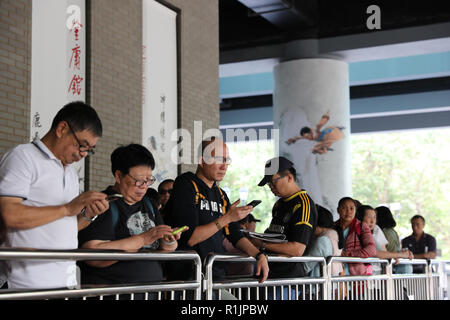 Hongkong, China. 12 Nov, 2018. Leser warten Beileid außerhalb der Jin Yong Galerie der Hong Kong Heritage Museum in Hong Kong, South China, Nov. 12, 2018 zu bieten. Jin Yong, dessen realer Name Zha Liangyong (auch als Louis Cha bekannt) wird allgemein als der einflussreichste Wuxia (Martial Arts und Ritterlichkeit) Schriftsteller des 20. Jahrhunderts. Er starb im Alter von 94 am 30. Sein Begräbnis war am 07.11.12 an der Hong Kong Beerdigung zu Hause statt. Credit: Wu Xiaochu/Xinhua/Alamy leben Nachrichten Stockfoto