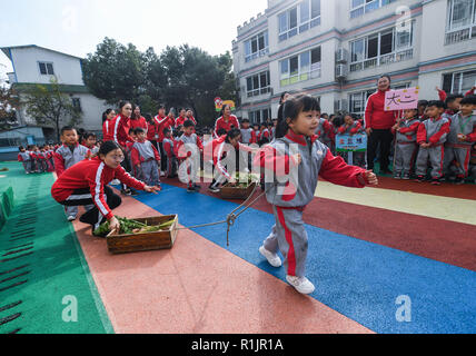 Changxing, der chinesischen Provinz Zhejiang. 13 Nov, 2018. Kinder vermitteln, Getreide und Gemüse während einer amüsanten Sport treffen in der Zentrale des Kindergartens in Changxing County, im Osten der chinesischen Provinz Zhejiang, Nov. 13, 2018. Credit: Xu Yu/Xinhua/Alamy leben Nachrichten Stockfoto