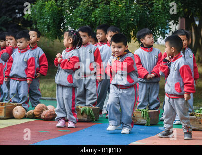 Changxing, der chinesischen Provinz Zhejiang. 13 Nov, 2018. Kinder vermitteln, Getreide und Gemüse während einer amüsanten Sport treffen in der Zentrale des Kindergartens in Changxing County, im Osten der chinesischen Provinz Zhejiang, Nov. 13, 2018. Credit: Xu Yu/Xinhua/Alamy leben Nachrichten Stockfoto