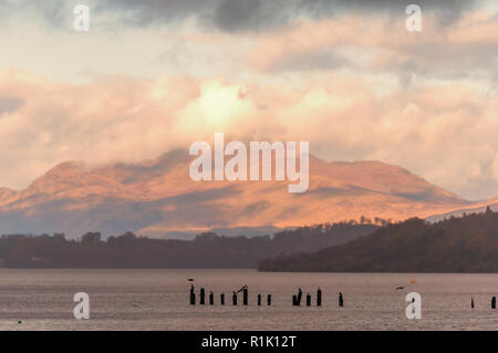 Balloch, Schottland, Großbritannien. 13. November 2018. UK Wetter. Loch Lomond mit Ben Lomond im Hintergrund, von Loch Lomond Shores bei Sonnenschein und Duschen auf einem kalten Nachmittag gesehen. Credit: Skully/Alamy leben Nachrichten Stockfoto