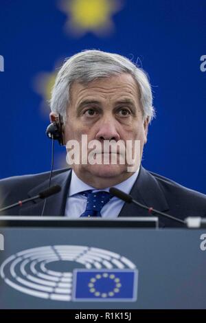 Straßburg, Frankreich. 13. November 2018. Präsident des Europäischen Parlaments Antonio Tajani während der Debatte über die Zukunft Europas mit den Mitgliedern des Europäischen Parlaments in Straßburg, Frankreich. Credit: Elyxandro Cegarra/SOPA Images/ZUMA Draht/Alamy leben Nachrichten Stockfoto