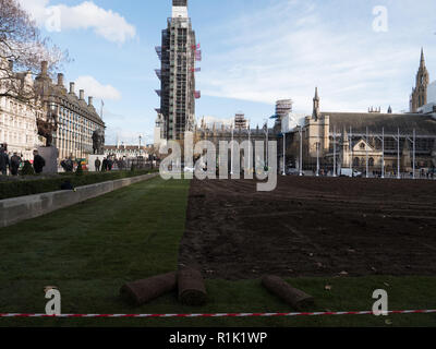 London, Großbritannien. 13. November 2018. Der Rasen in der Mitte des Parlaments Square ersetzt nach mehreren Jahren. Das alte Gras war abgenutzt und viel gelitten während dieses Jahres trockenen Sommer. Nach dem Einschalten über und Nivellierung des Bodens, den neuen Rasen gelegt wird. Die Arbeit wird an diesem Donnerstag abgeschlossen sein. Credit: Joe Kuis/Alamy leben Nachrichten Stockfoto