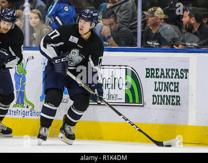 12.11.2011 - Jacksonville, FL, USA: Jacksonville Eisgruben steigt vorwärts Everett Clark (17) Während ein echl Professional Hockey Spiel gegen den Norfolk Admirals am Veterans Memorial Arena in Jacksonville, Fla., Monday, November 12, 2018. (Gary Lloyd McCullough/Cal Sport Media) Stockfoto