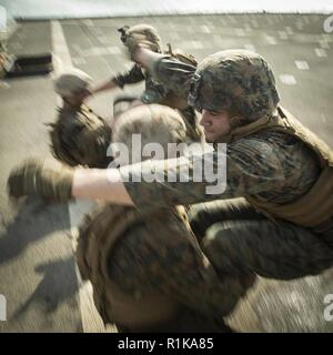 Arabischen Golf - US Marine Cpl. Krämer Bunn, eine postalische Sekretärin bekämpfen Logistik Bataillon 13, 13 Marine Expeditionary Unit (MEU), hebt sich selbst für einen ständigen Sit-up während eines Martial Arts Instructor Kurs körperliches Training Event an Bord der Whidbey Island-Klasse dock Landung Schiff USS Rushmore (LSD 47), Okt. 11, 2018. Das Essex Amphibious Ready Gruppe und dem 13 MEU sind in die USA 5 Flotte Bereich der Maßnahmen zur Unterstützung der Marine im Einsatz für die Stabilität und Sicherheit in der Region zu gewährleisten und verbindet das Mittelmeer und den Pazifischen Raum durch den westlichen Indischen O Stockfoto
