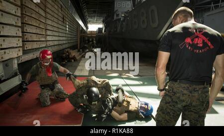 Arabischen Golf - US-Marines mit dem 13 Marine Expeditionary Unit (MEU), Hinterhalt ein Student der Kampfkünste Instructor Kurs bei einem Höhepunkt an Bord der Whidbey Island-Klasse dock Landung Schiff USS Rushmore (LSD 47), Okt. 11, 2018. Das Essex Amphibious Ready Gruppe und dem 13 MEU sind in die USA 5 Flotte Bereich der Maßnahmen zur Unterstützung der Marine im Einsatz für die Stabilität und Sicherheit in der Region zu gewährleisten und verbindet das Mittelmeer und den Pazifischen Raum durch den westlichen Indischen Ozean und drei strategischen Punkten ersticken. Stockfoto