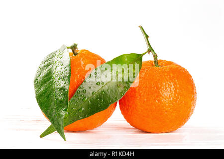 Mandarinen mit Blättern und Wassertropfen auf weißen Hintergrund Holz, Nahaufnahme Stockfoto