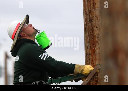 Staff Sergeant Joseph Hak, Delta Company, 249th Engineering Bataillon bereitet einen Strommast während der Konkurrenz in der internationalen Störungssucher Rodeo zu klettern. Mannschaften von der 249th Engineering Bataillon, US-Armee Korps der Ingenieure in der Internationalen Störungssucher Rodeo an der National Agricultural Centre und Hall des Ruhmes in Newton, Kansas konkurrierten. Die viertägige Veranstaltung brachte Störungssucher aus der ganzen Welt und schloss mit einer Konkurrenz in einer Vielzahl von Veranstaltungen, Fertigkeiten und Fähigkeiten ist eine Lineman zu testen. Die 249Th ENBN auf Bestellung, Bereitstellung Worldwide Prime elektrische Powe zu bieten Stockfoto