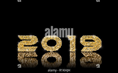 Glänzend golden 2019 Hintergrund auf Schwarz 3D Rendering image Stockfoto