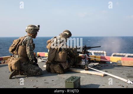 Marines mit Waffen Firma, Bataillon Landung Team, 2nd Battalion, 5th Marines, Feuer ein M2. 50-Kaliber Browning machine gun während Treffsicherheit Ausbildung an Bord der Amphibisches Schiff USS Wasp (LL 1), unterwegs in der East China Sea, 17. Okt. 2018. Waffen Firma Marines durchgeführt diese Ausbildung mit automatischer Waffensysteme während des Falles Patrouille zu unterstützen. Die 31 Marine Expeditionary Unit, die Marine Corps' nur kontinuierlich vorwärts - bereitgestellt MEU, bietet eine flexible Kraft bereit, eine breite Palette von militärischen Operationen auszuführen. Stockfoto