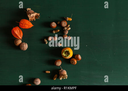 Herbst rote und gelbe Blätter Obst Nüsse fallen Hintergrund Stockfoto