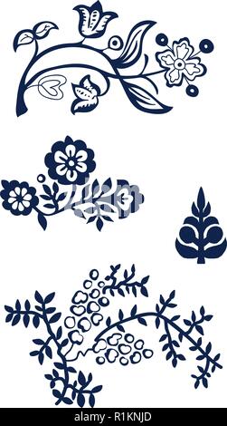 Satz von 4 Holz Block gedruckt floralen Elementen. Traditionelle ethnische Motive von Russland, Indigo Blau auf weißem Hintergrund. Für ihr Design/ Stock Vektor