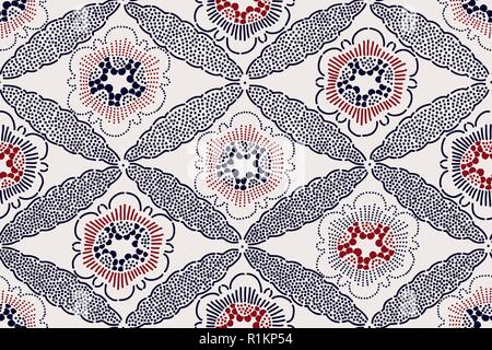 Orientalische ethnischen nahtlose Muster, Japanisch Block gedruckt Motif mit Sakura Blumen und Diamond Ornament. Indigo Blau und Rot auf ecru Hintergrund. Stock Vektor