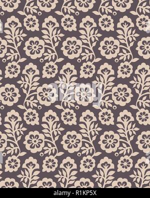 Nahtlose Holzschnitt bedruckt im floralen Muster. Vektor ethnischen Ornament, traditionelle russische Motiv mit Blüten, ecru auf taupe Hintergrund. Textildruck. Stock Vektor