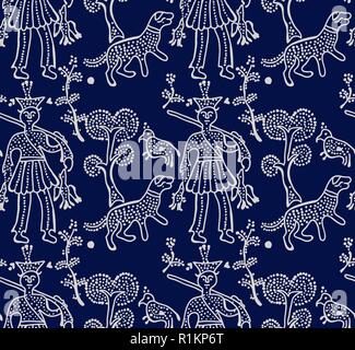 Blauer Block gedruckt Ornament. Die nahtlose Vektor ethnische Muster, Russische Volkslieder Motiv mit einer Jagd Landschaft. Auf indigo Hintergrund Ecru. Textildruck. Stock Vektor