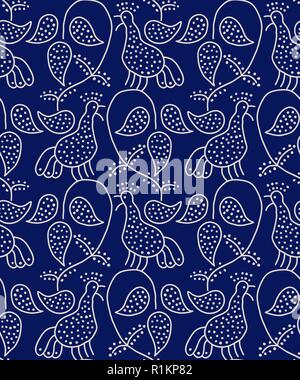 Holzschnitt nahtlose floralen Muster. Blue vector Russische Volkslieder Motiv mit singenden Vögeln und Weinstock. Auf indigo Hintergrund Ecru. Stock Vektor