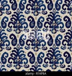 Nahtlose ikat Paisley-muster. Traditionelle orientalische ethnische Verzierung. Indigo, kobalt blau und beige auf ecru Hintergrund. Textile Design. Stock Vektor