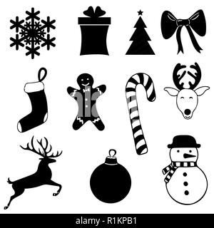 Schwarze Symbole für Weihnachten auf weißem Hintergrund. Stockfoto